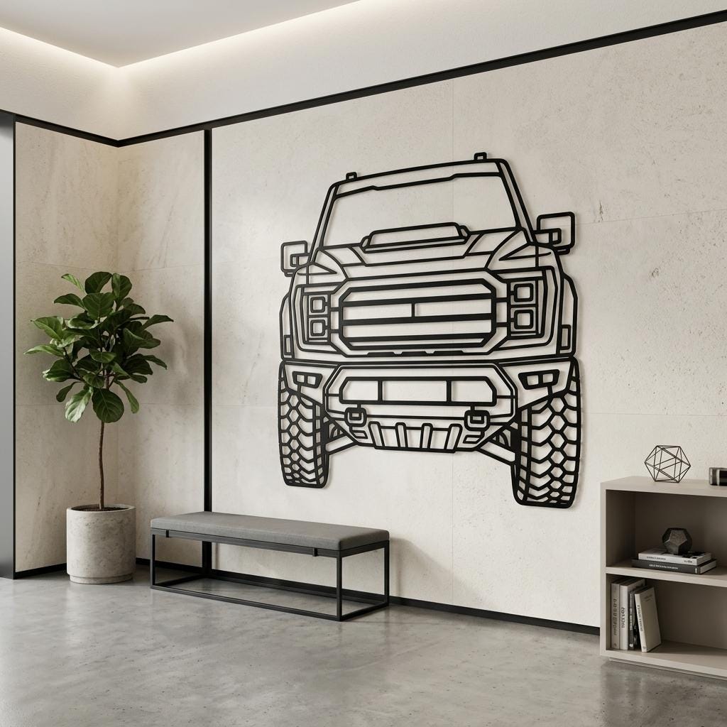 May include: A black metal wall art piece shaped like the front view of a pickup truck. The design features a detailed grille, rectangular headlights, a heavy-duty bumper, and large off-road tires, all rendered in a flat, linear silhouette.