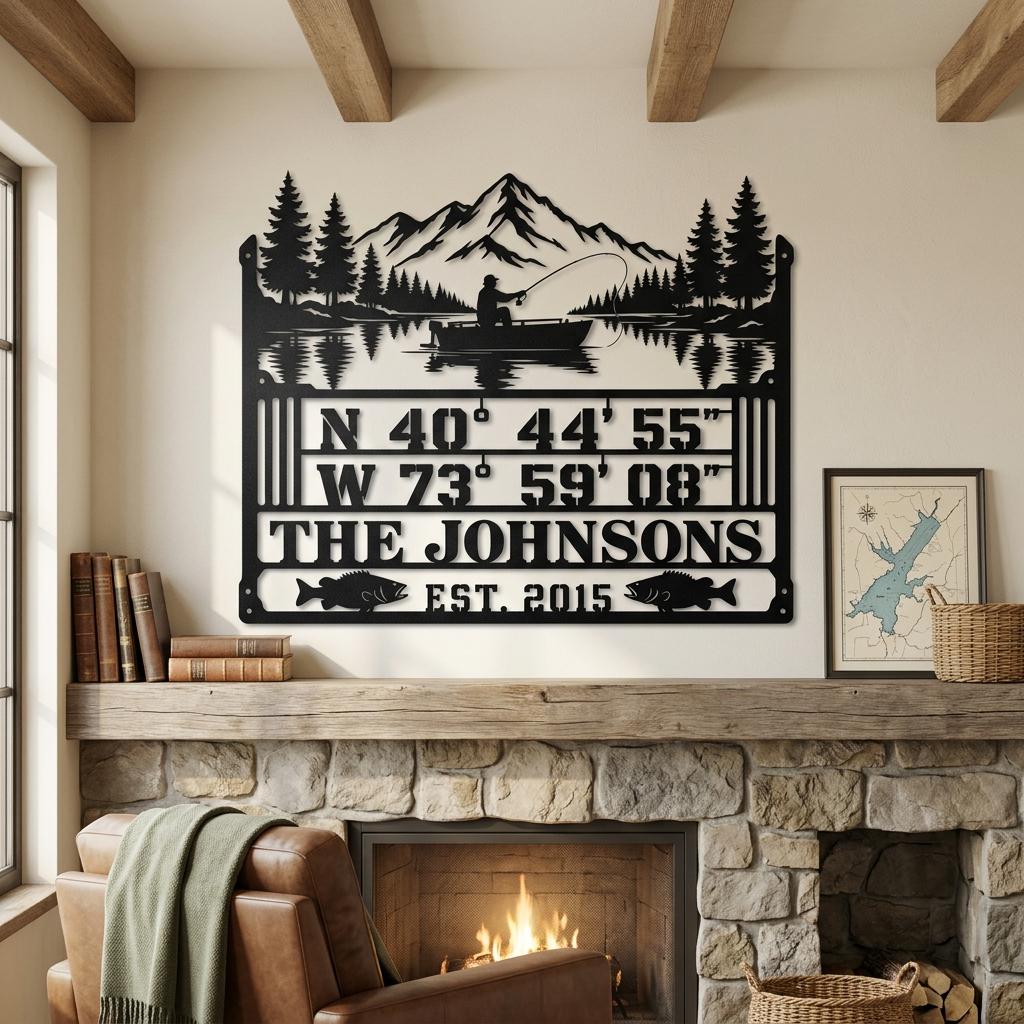 Personalized lake sign shown above a stone fireplace in a warm cabin living room, featuring black metal mountain, pine, fishing boat, GPS coordinates, THE JOHNSONS family name and EST 2015 details for lake house decor.