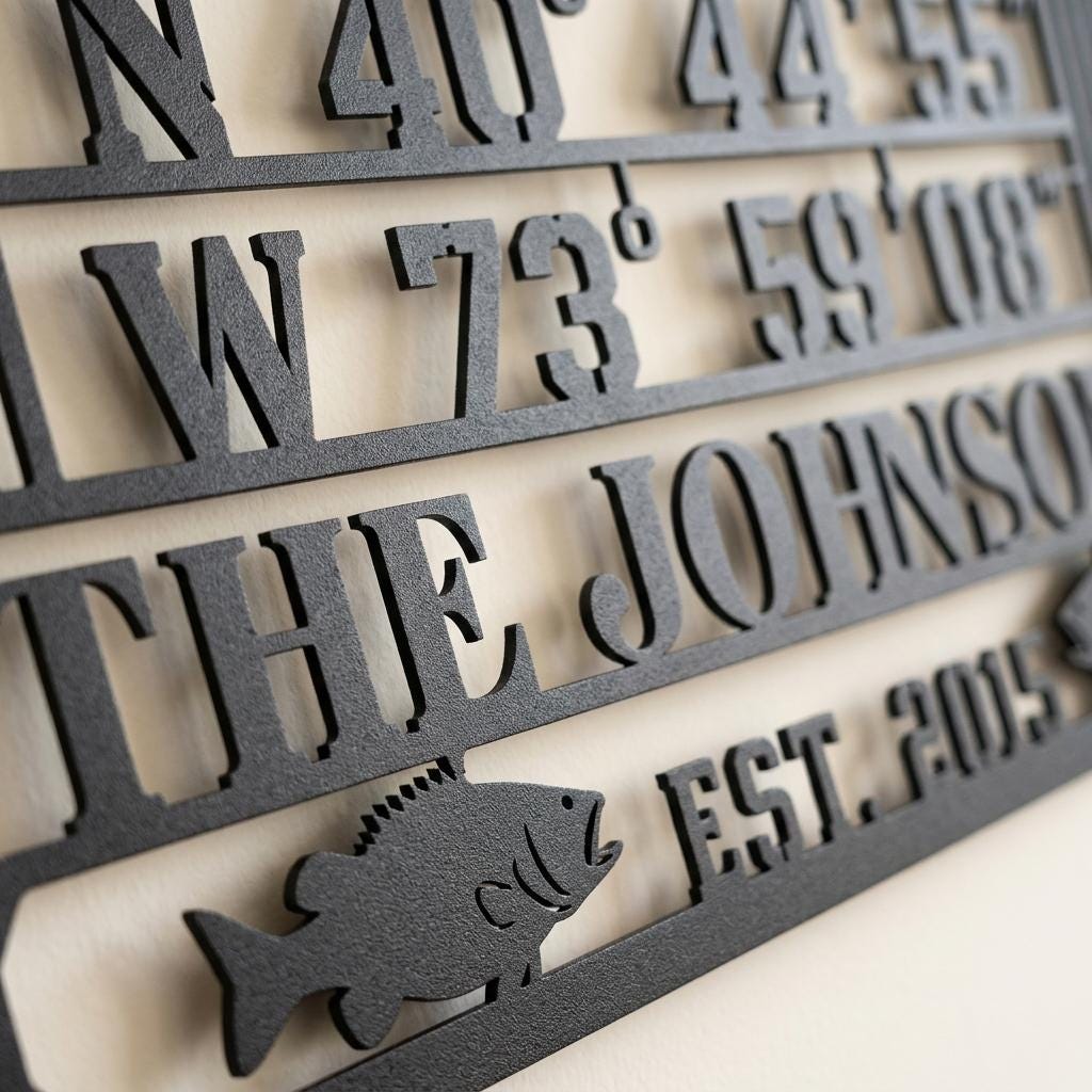 Macro view of the personalized GPS coordinates sign focusing on matte black powder coated metal texture, raised laser cut letters, fish silhouette, family name and realistic wall shadows from the offset mounting.
