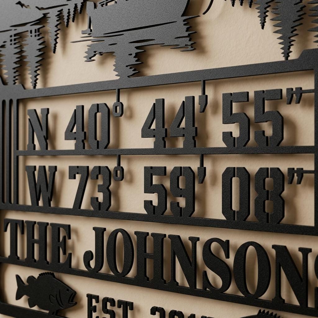Closeup of laser cut GPS coordinates on the fishing lake sign, showing crisp black metal numbers, internal shadows, THE JOHNSONS family name, EST 2015 detail and clean powder coated edges for checking personalization quality.