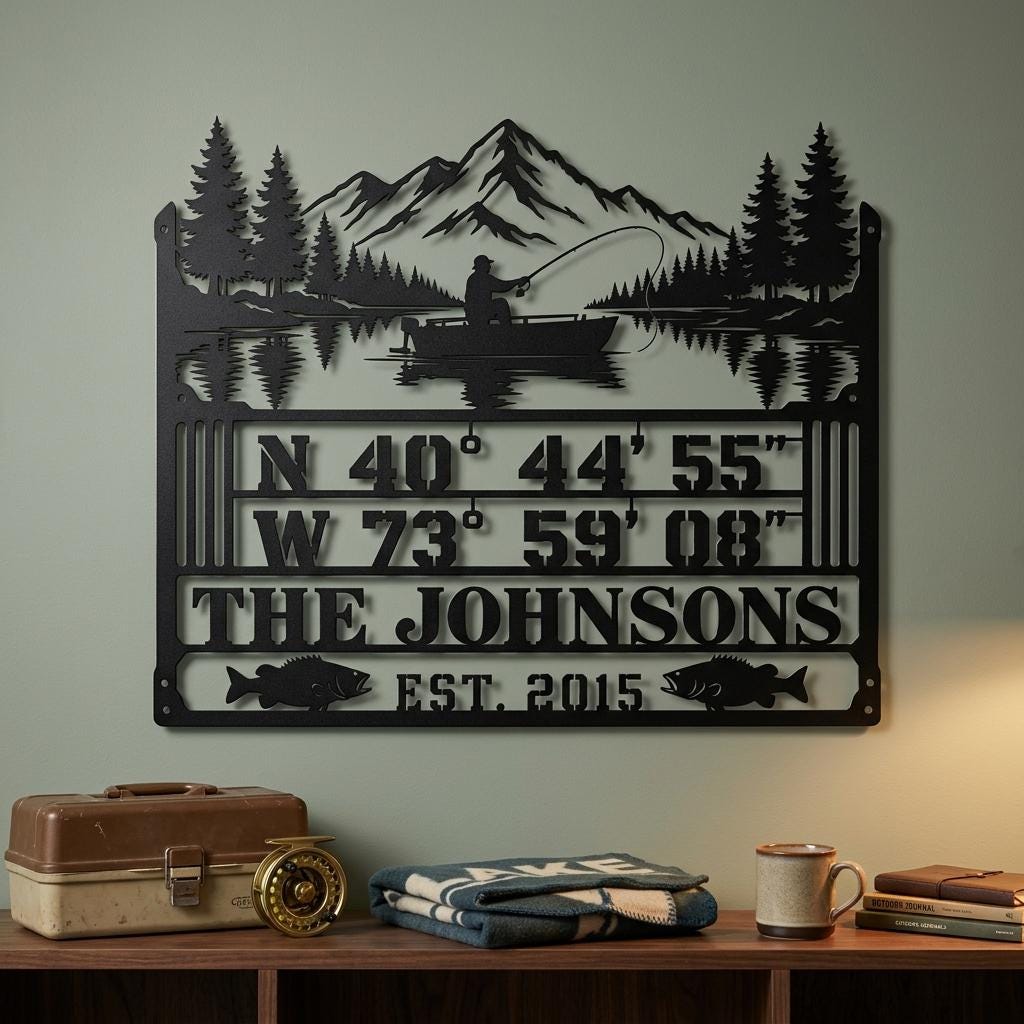 Personalized fishing cabin sign on a sage wall above a rustic console with tackle box, blanket, mug and books, highlighting black powder coated metal, readable GPS coordinates and THE JOHNSONS family name.
