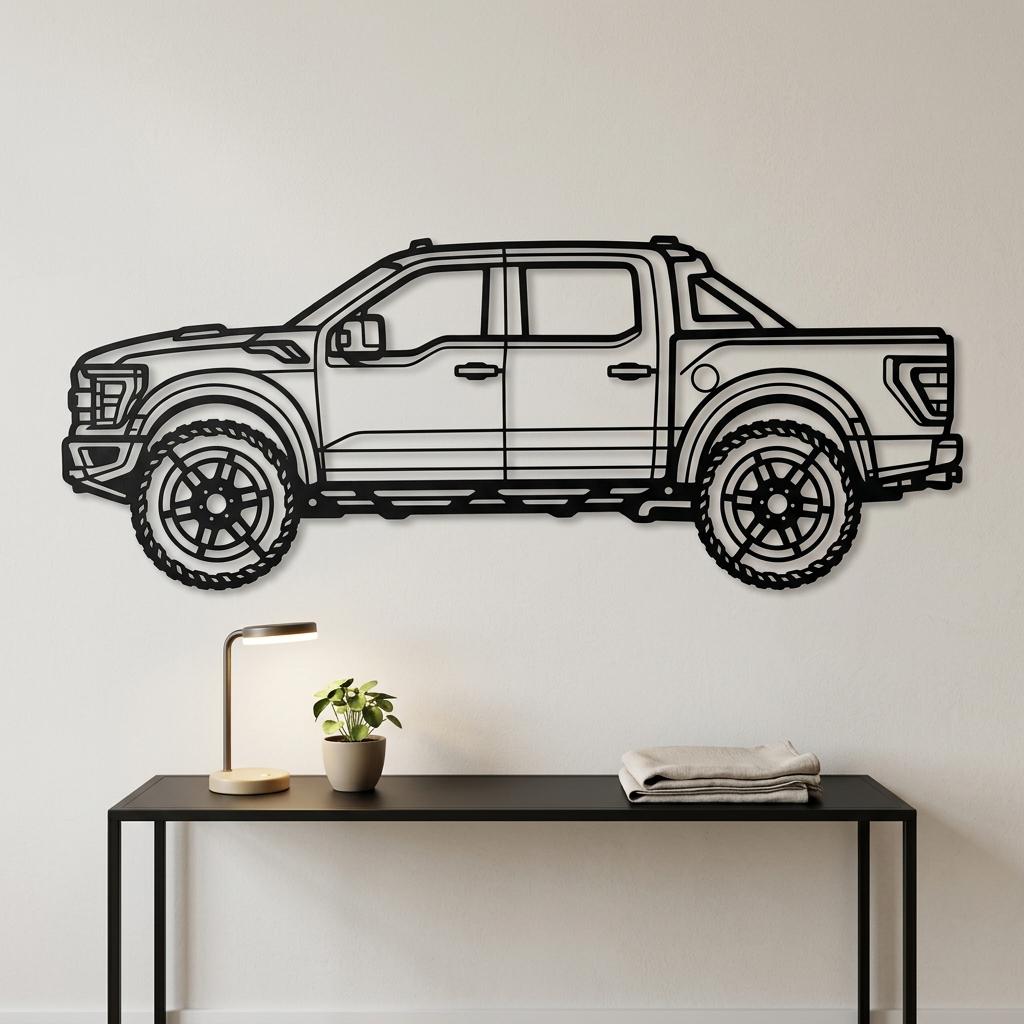 May include: A black metal wall art piece shaped like the side profile of a modern pickup truck. The design features detailed outlines of the wheels, windows, doors, and truck bed, creating a clean, minimalist silhouette of the vehicle.