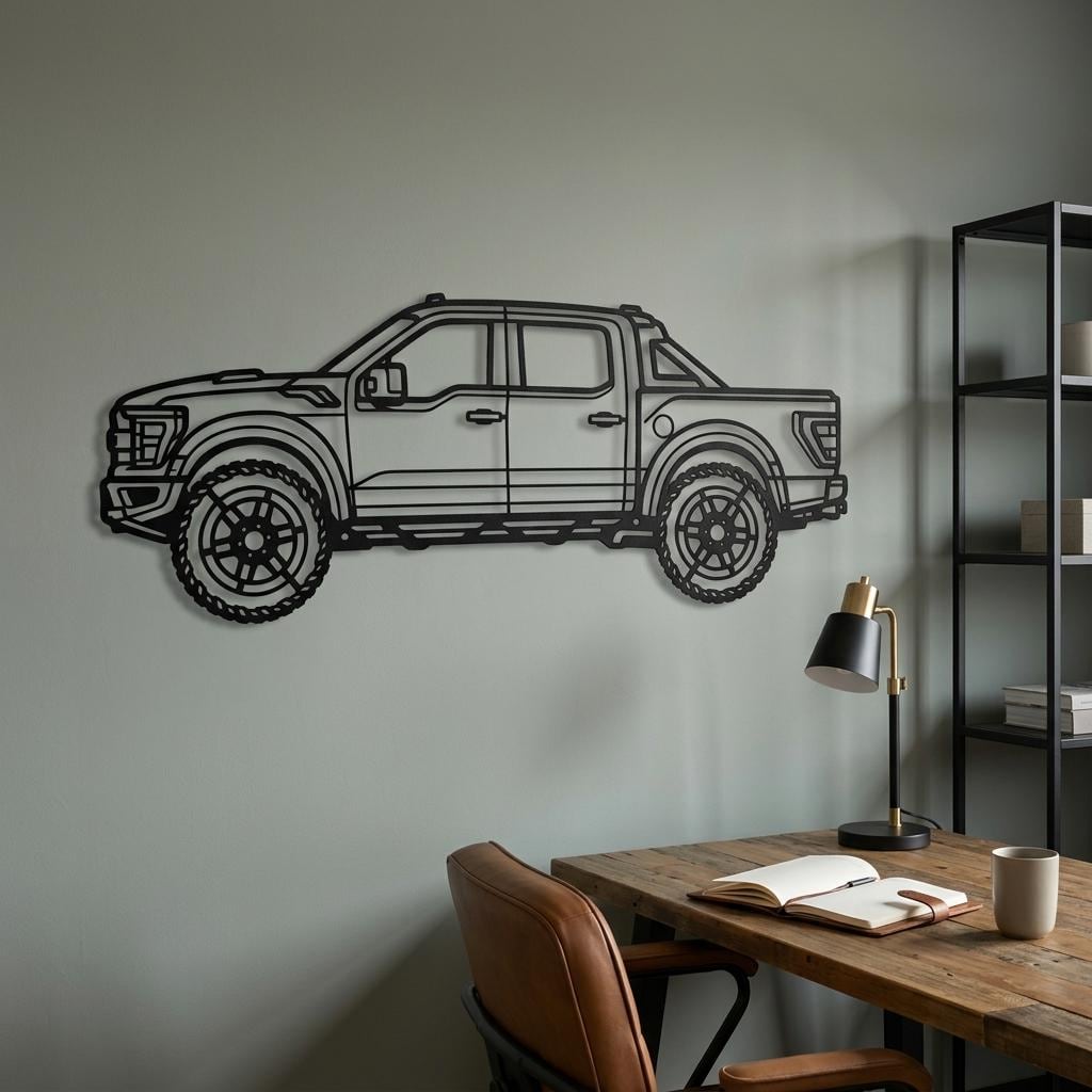 May include: A black metal wall art piece shaped like a four-door pickup truck. The design features a detailed outline of the vehicle, including the wheels, windows, doors, and truck bed, rendered in a flat, minimalist silhouette style.