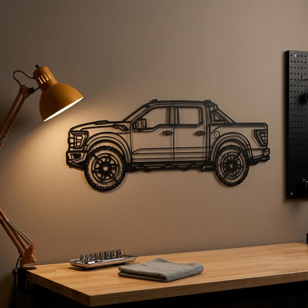 May include: A black metal wall art piece shaped like the side profile of a pickup truck. The design features a detailed outline of the vehicle, including the wheels, windows, doors, and truck bed, rendered in a clean, minimalist wireframe style.