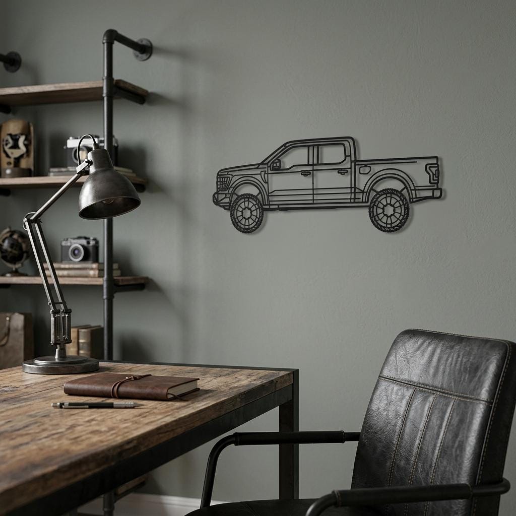 May include: A black metal wall art piece shaped like the side profile of a pickup truck. The design features a detailed outline of the vehicle body, including the cab, truck bed, and wheels with a circular spoke pattern, mounted on a wall.