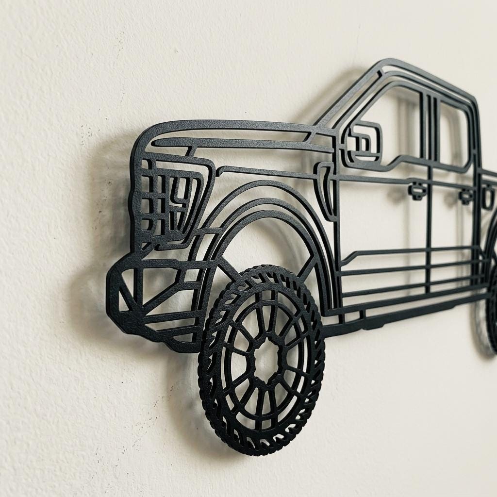 May include: A matte black metal wall art piece shaped like the side profile of a pickup truck. The design features a detailed outline of the front grille, headlights, a large wheel with a multi-spoke rim, and the cabin structure of the vehicle.