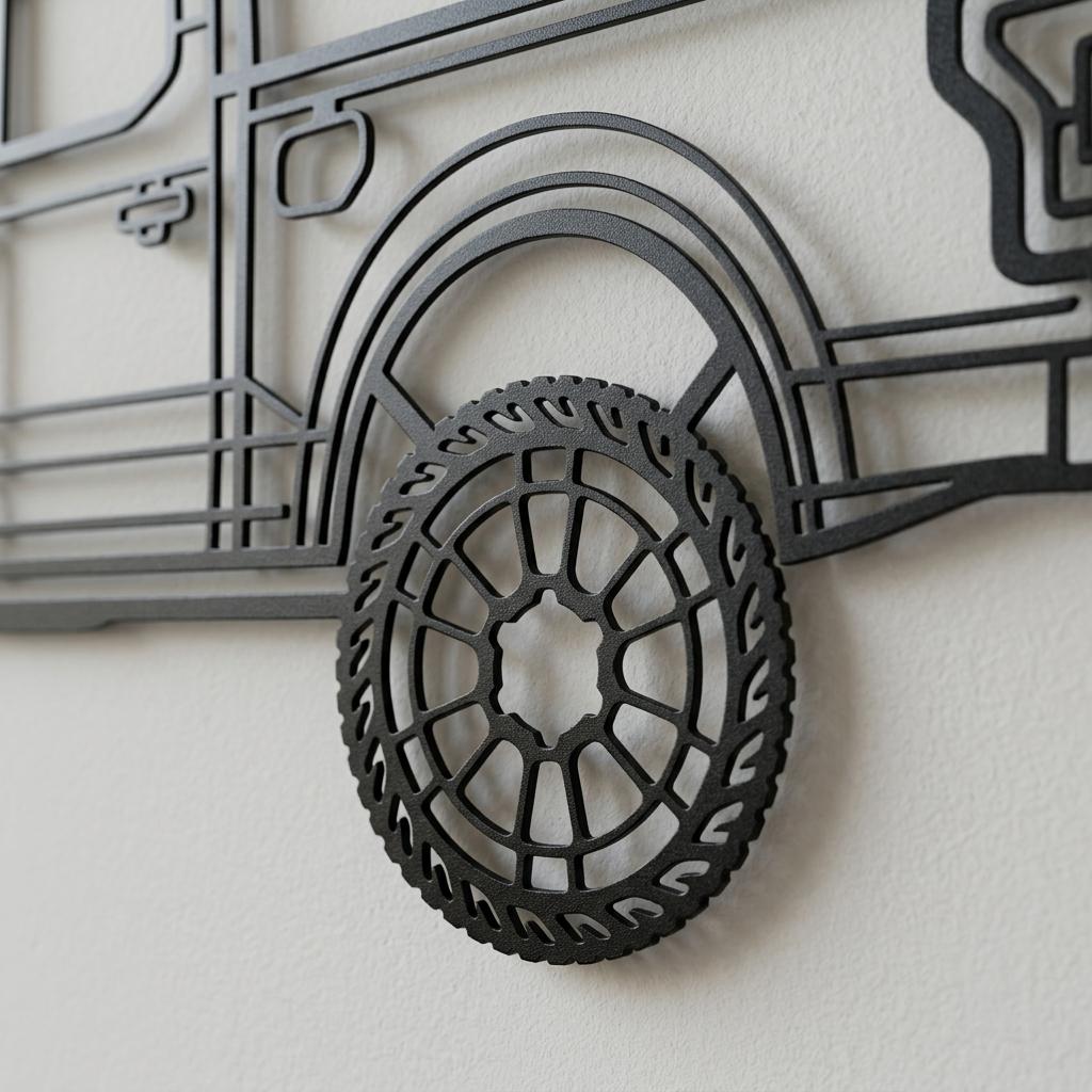 May include: A matte black metal wall art piece featuring a stylized, linear outline of a vehicle side profile. The design highlights a prominent, detailed wheel with a multi-spoke rim and textured tire tread, set against a clean, flat surface.