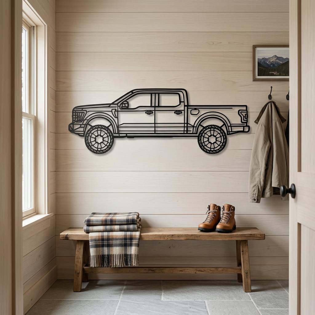 May include: A black metal wall art piece shaped like the side profile of a four-door pickup truck. The design features a detailed outline of the vehicle body, including the windows, door handles, and two large wheels with a distinct spoke pattern.