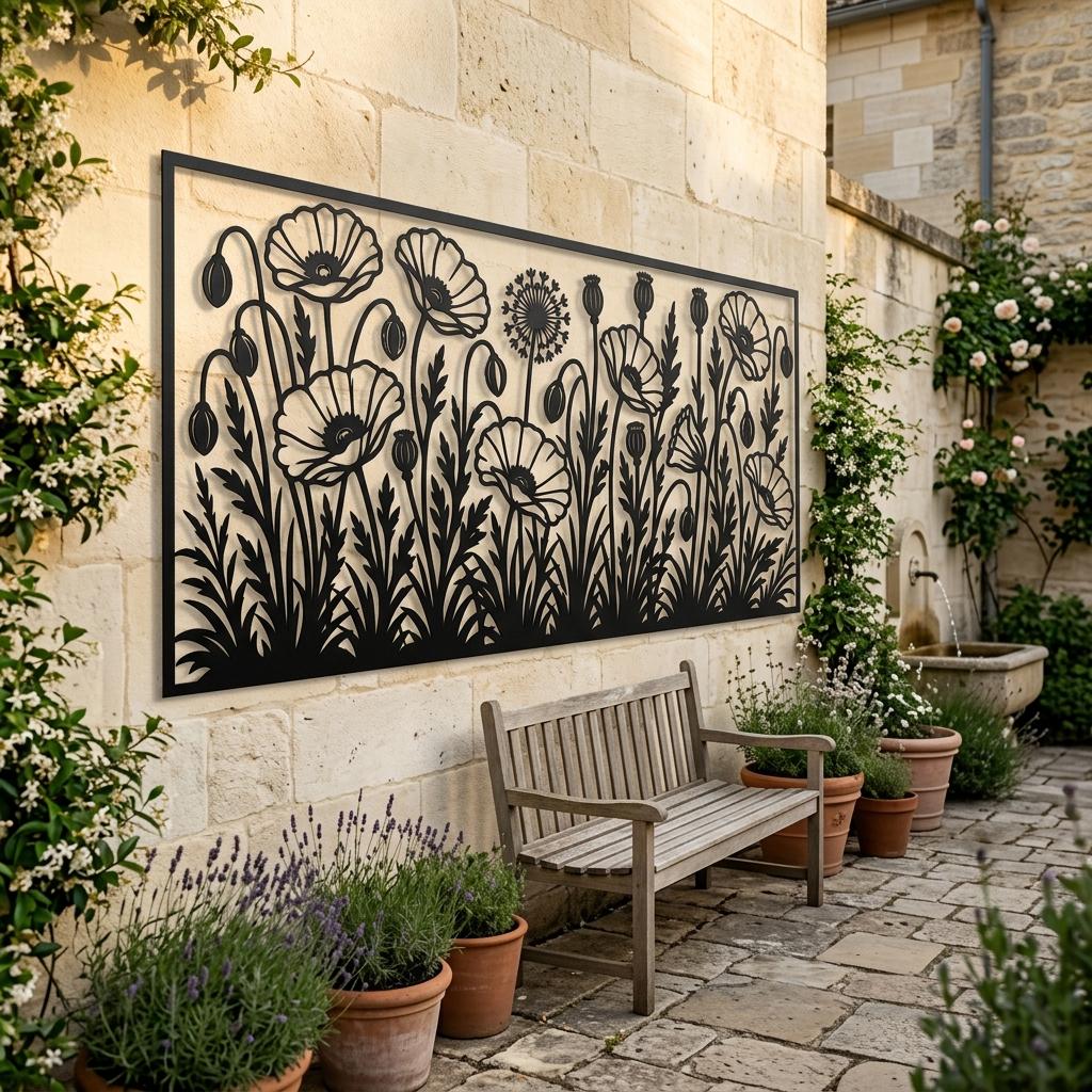 Large poppy flower metal wall art firmly mounted on a pale limestone garden courtyard wall. Premium outdoor botanical decor with 3D offset shadows. Black laser-cut floral silhouette complementing a natural stone outdoor space.