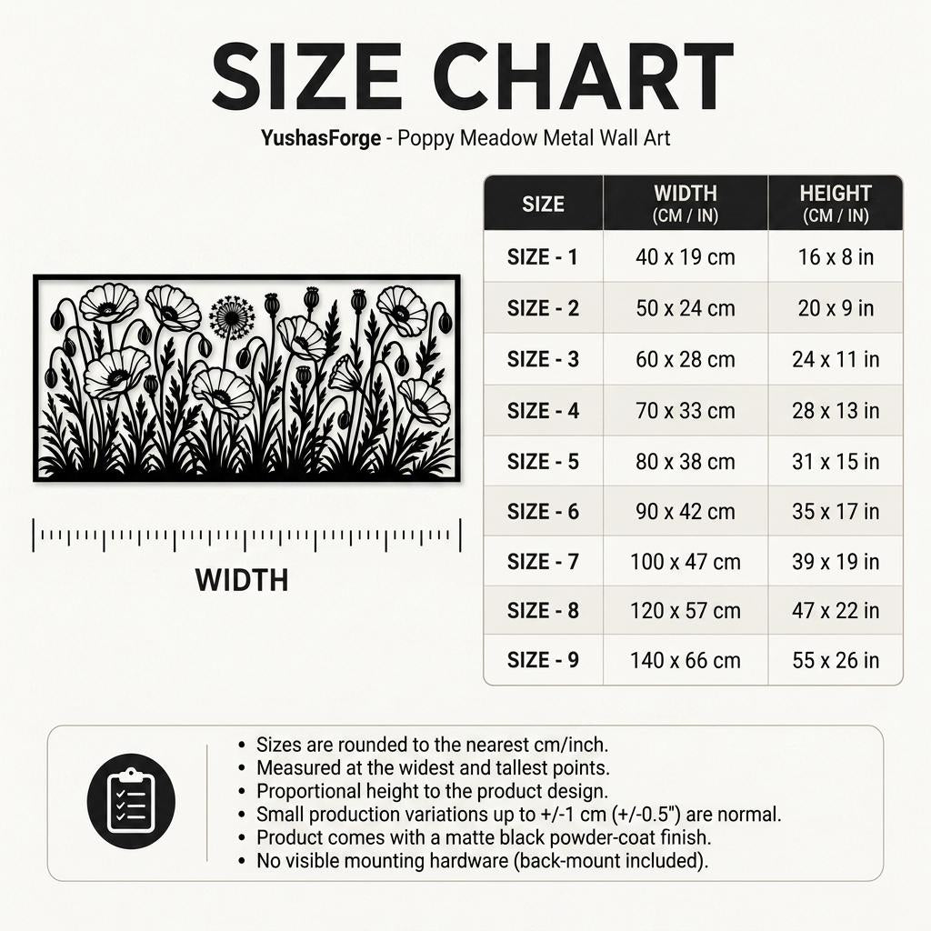 YushasForge size guide chart for the poppy meadow metal wall art. Shows available standard widths from 16 to 55 inches with proportional heights in centimeters and inches. Technical sizing diagram for black botanical decor.