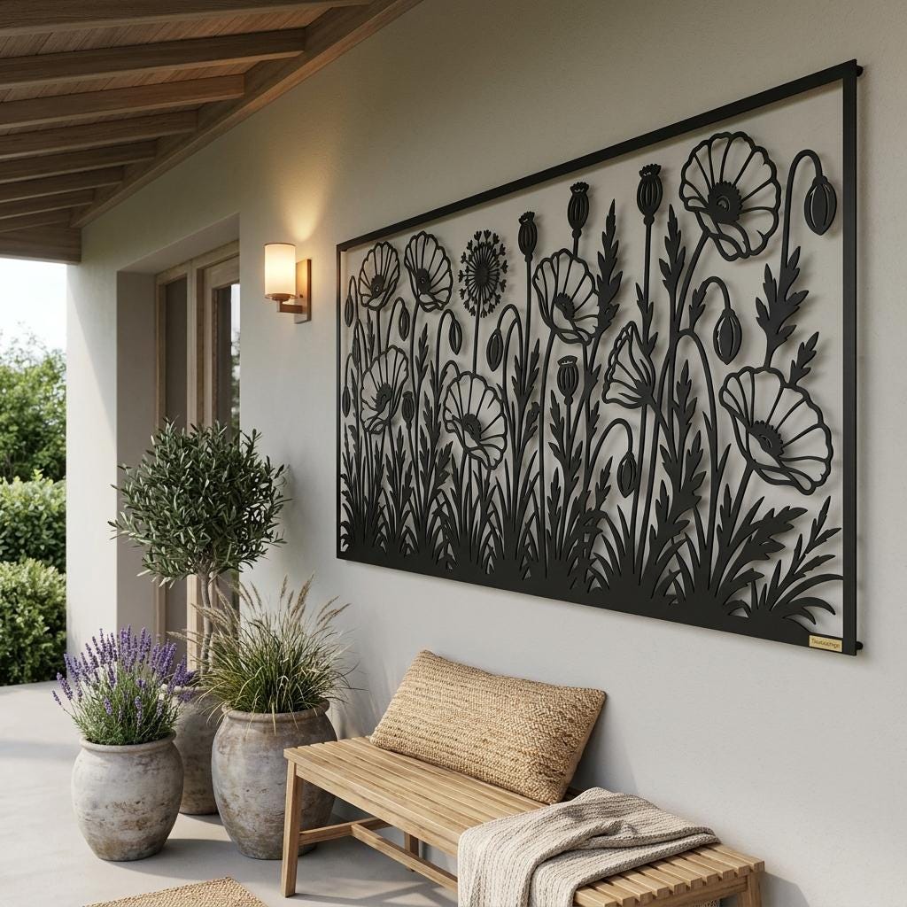 Welcoming poppy meadow metal wall art on a covered porch entry wall. Durable matte black floral silhouette outdoor decor. Minimalist botanical wall hanging adding a refined touch to home exteriors and front porch spaces.