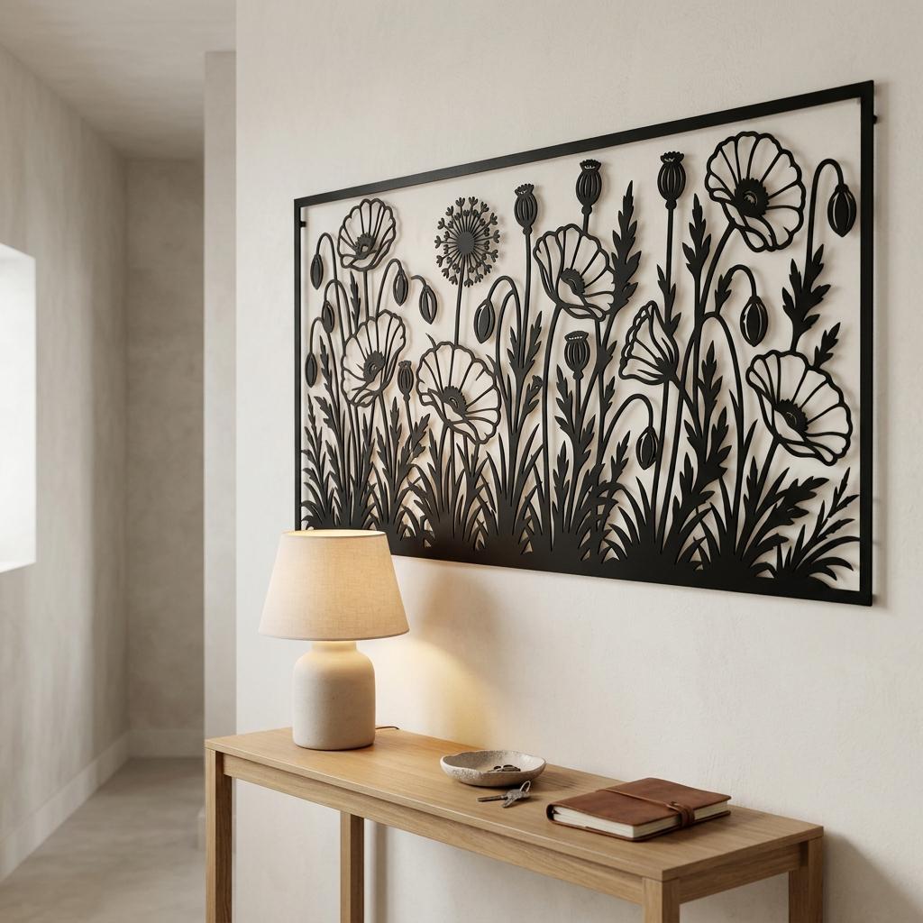 Modern black metal poppy meadow wall decor styled above an entryway console table. Welcoming floral silhouette sign with 3D offset shadows. Minimalist botanical wall hanging for a warm and refined home entrance aesthetic.