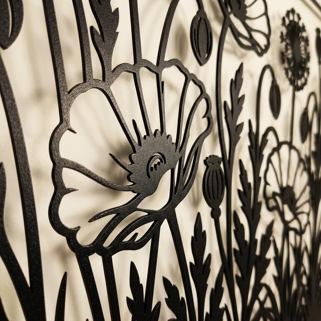 Close-up detail of black electrostatic powder-coated metal poppy wall art. Shows premium fine-textured matte finish and precise laser-cut edges. Durable metal floral decor with 3D shadow gap against a warm off-white wall.
