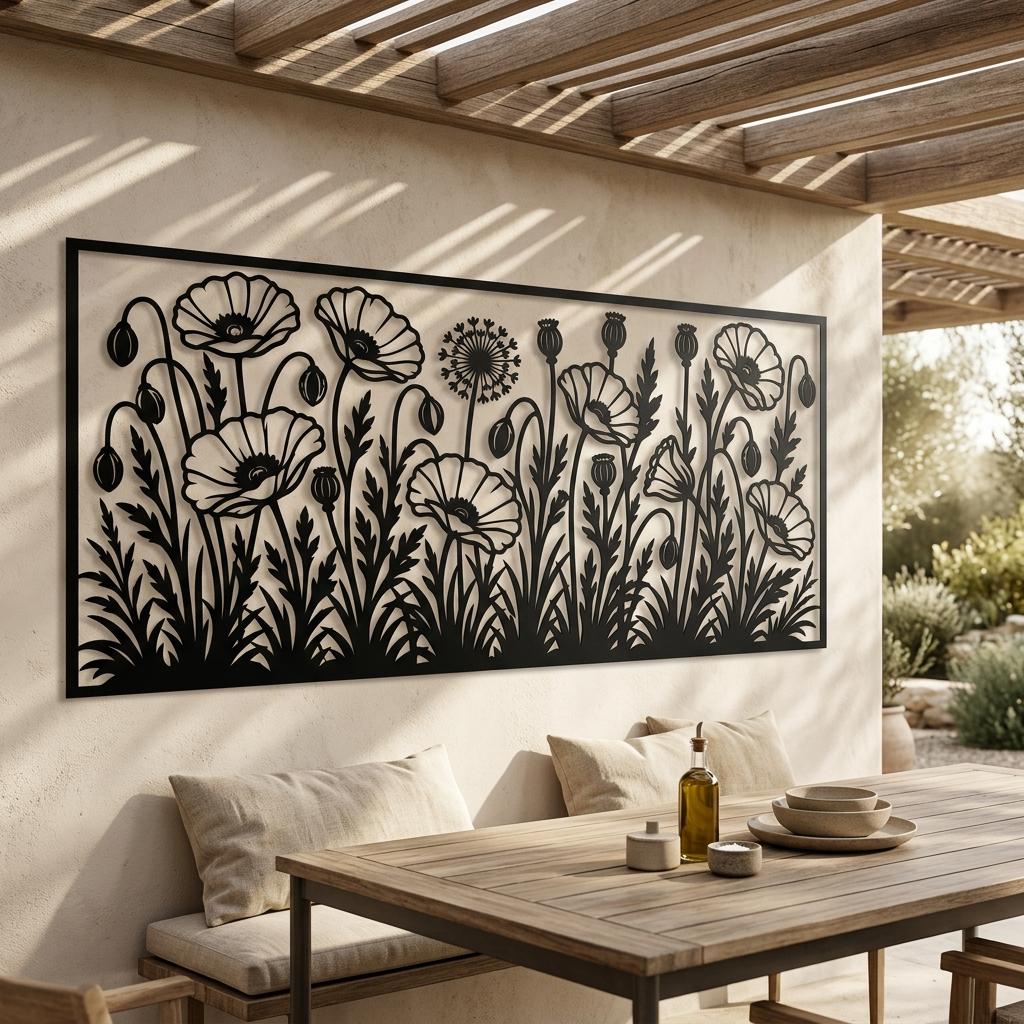 Horizontal metal poppy wall art displayed under an outdoor dining pergola. Premium black botanical silhouette decor for outdoor living spaces. Laser-cut floral design with natural 3D shadows on a light warm plaster wall.