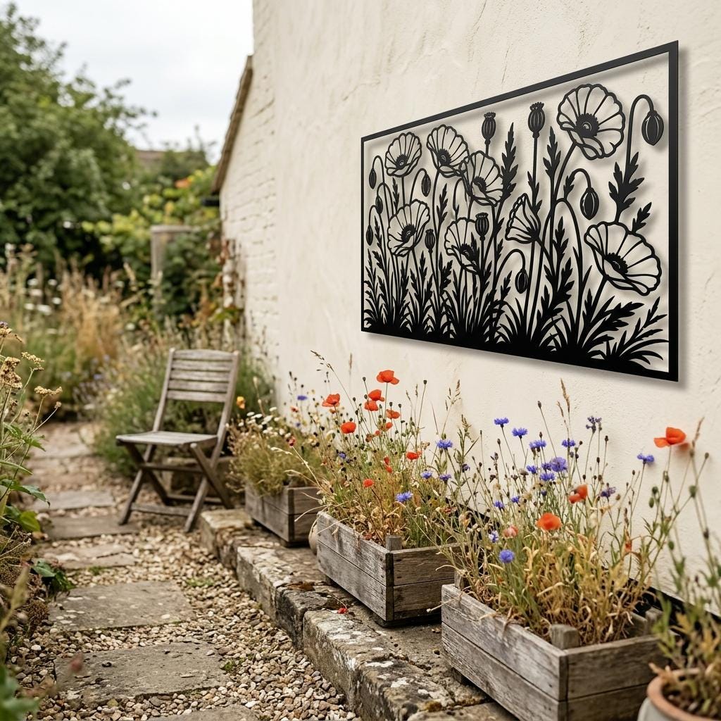 Charming poppy meadow metal wall art mounted on a cottage garden exterior wall. Black floral silhouette outdoor decor complementing natural greenery. Durable laser-cut botanical sign with soft offset shadows in garden light.