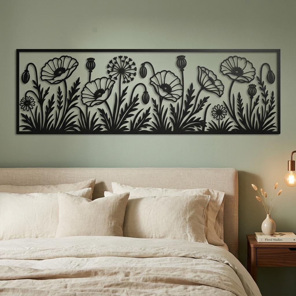 Romantic metal poppy flower wall decor shown above a bed in a sage green bedroom. This delicate black botanical silhouette art brings calm, nature-inspired elegance and premium aesthetic to cozy sleeping spaces.