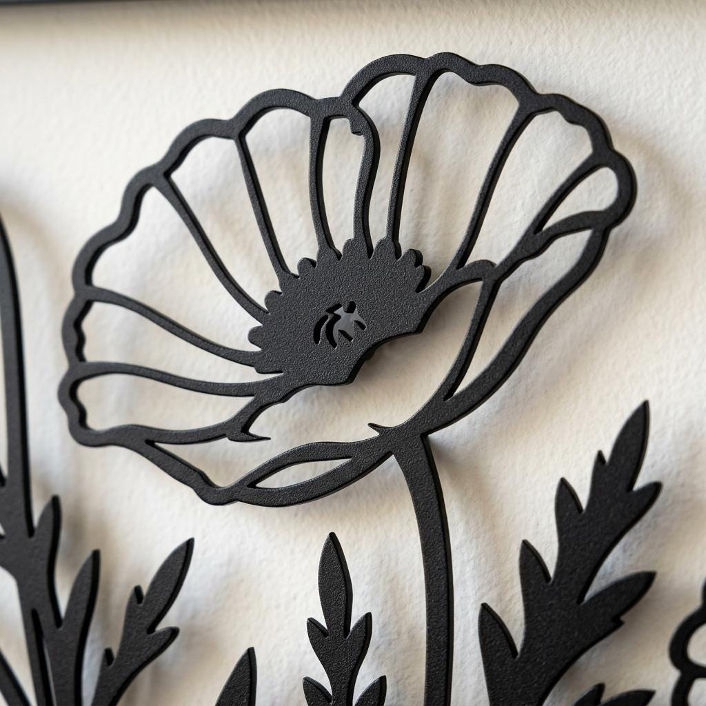 Macro detail of black metal poppy wall decor showing premium electrostatic powder-coated satin-matte finish. This durable floral metal art features micro-grain texture for a sophisticated modern botanical aesthetic.