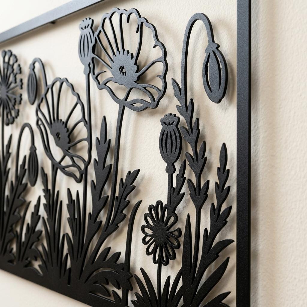Close-up side view of premium metal poppy flowers wall art showing the 2 cm hidden wall offset. This modern black botanical silhouette casts realistic 3D shadows, adding depth to elegant floral home decor.