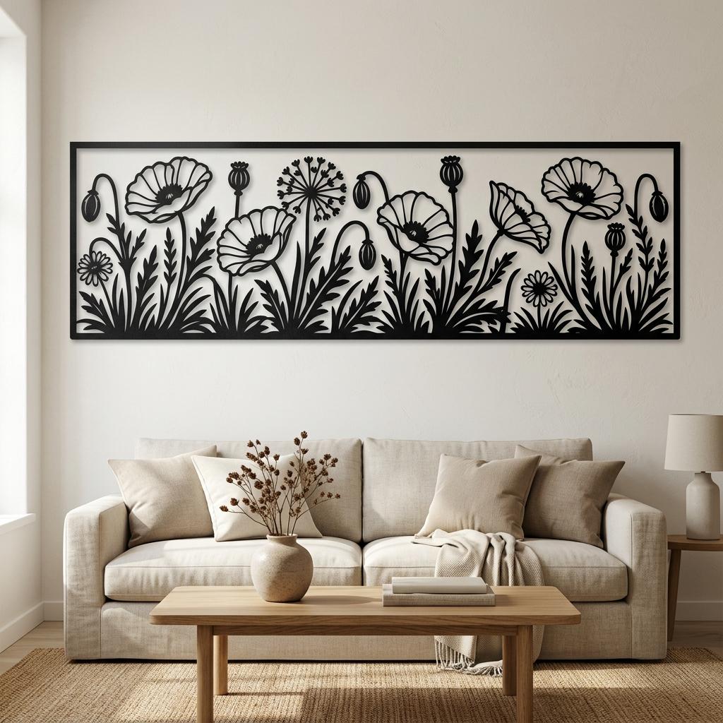 Large metal poppy flowers wall art displayed in a cozy living room. This horizontal black floral silhouette decor adds an elegant botanical touch above a cream sofa, perfect for modern farmhouse interiors.
