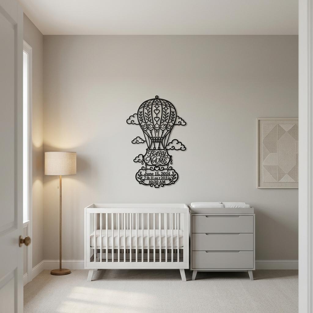 Wide nursery view showing a custom baby birth stats sign on a light greige wall above a crib and dresser, giving scale for black metal hot air balloon wall art used as personalized baby room decor and newborn keepsake.