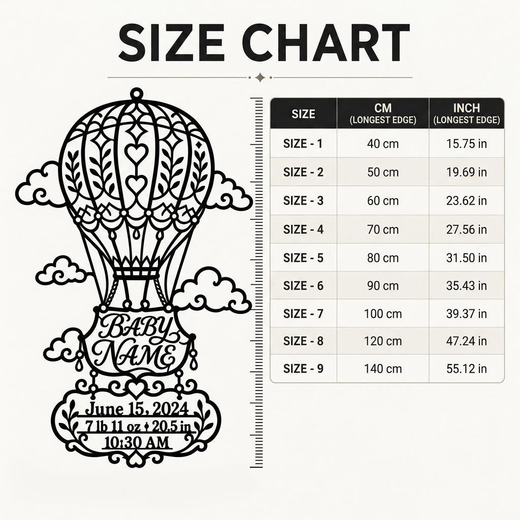 May include: A black silhouette wall decor featuring a hot air balloon with clouds, hearts, and leaf patterns. Below the balloon, a plaque displays the text BABY NAME, June 15, 2024, 7 lb 11 oz, 20.5 in, and 10:30 AM. A size chart lists nine sizes.