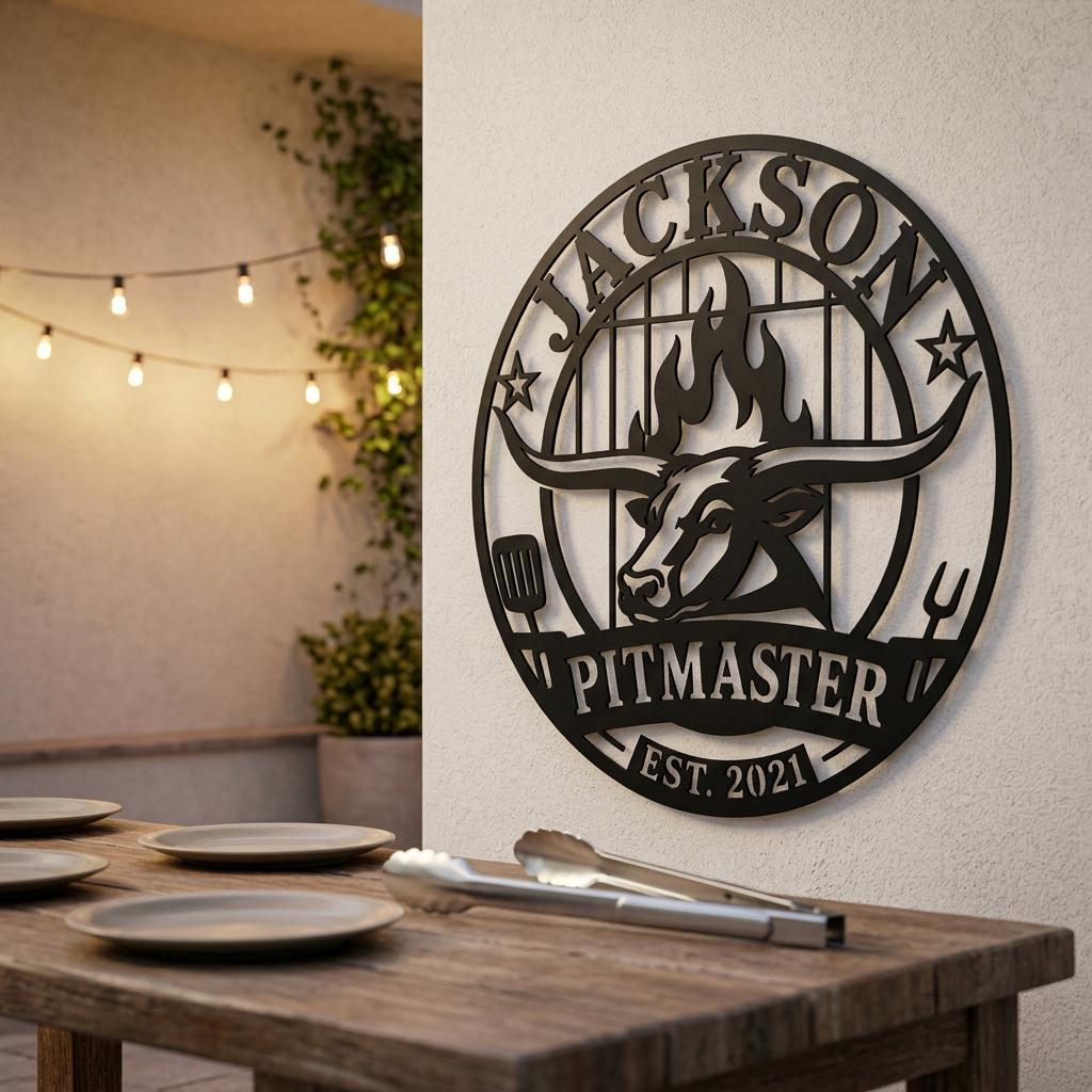 Custom BBQ sign mounted beside an outdoor dining table with string lights and tongs, featuring personalized name, bull head, grill flames, pitmaster text and backyard barbecue wall decor for backyard BBQ hosting.