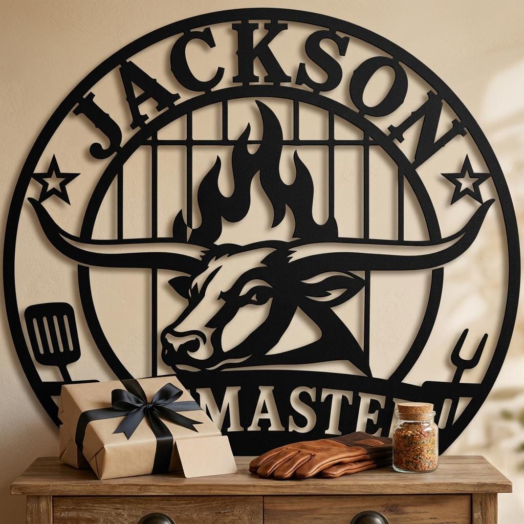 Gift-ready custom pitmaster sign styled with wrapped present, gloves and spices, showing personalized name, bull head, flame details and matte black BBQ metal wall art for dad or grill lovers as a bbq gift for dad.