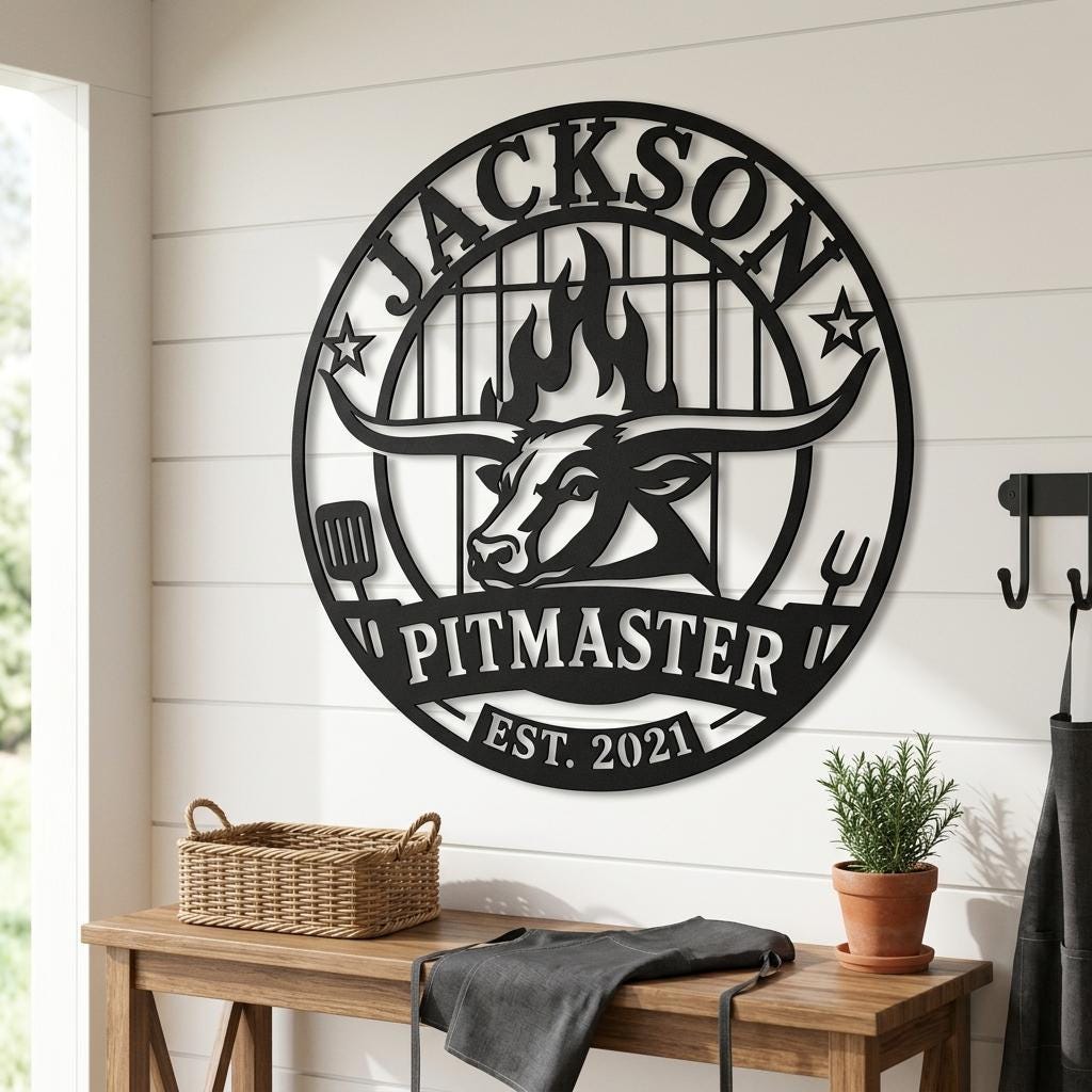 Custom grill sign displayed on a bright farmhouse shiplap wall, showing a black metal bull and flame design with personalized name, pitmaster title, EST year and clean backyard BBQ decor style for kitchen or patio walls.
