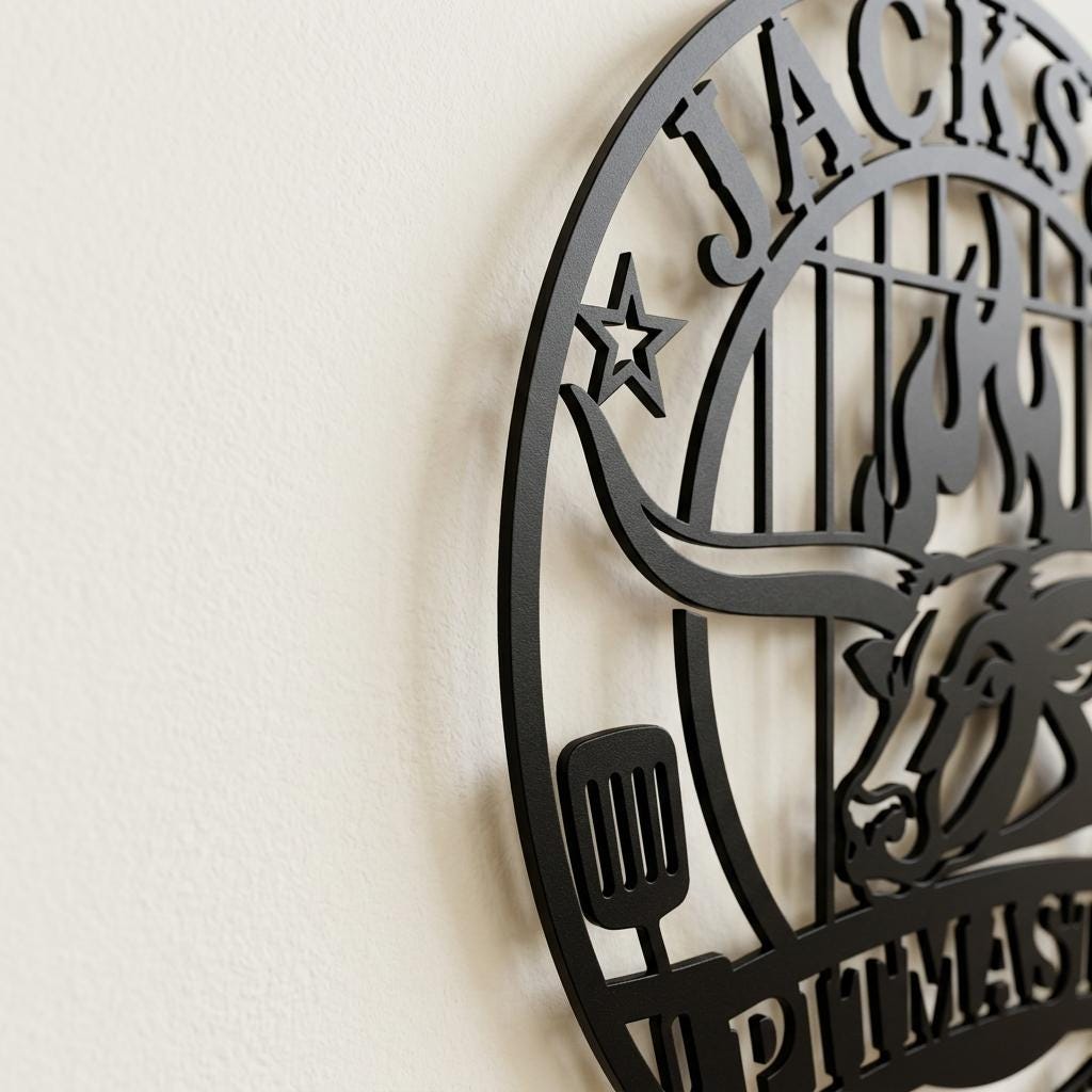 Close-up side view of the personalized BBQ metal sign showing 2 cm wall offset, raised black metal edge, bull horn detail, spatula accent and shadow depth for outdoor barbecue wall decor with ready to hang depth.