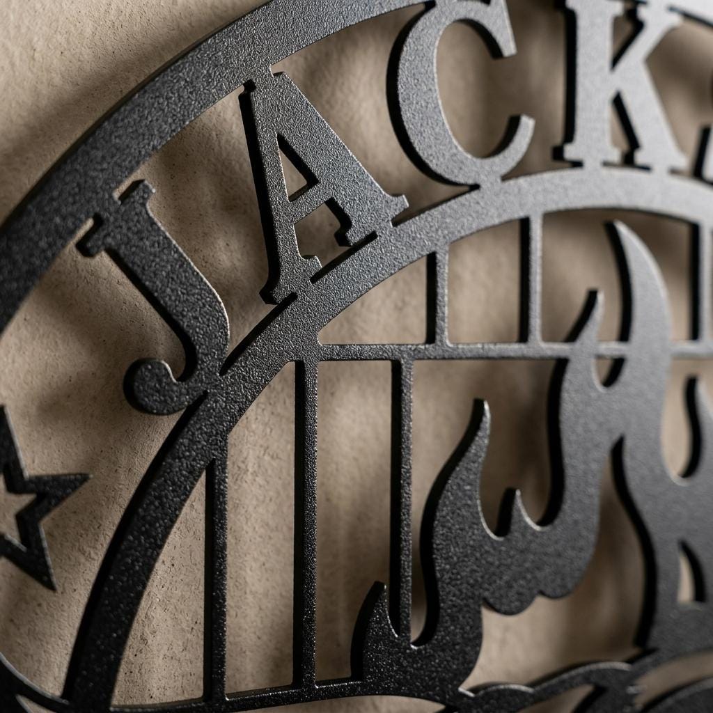 Macro detail of the custom BBQ metal sign showing powder-coated matte black texture, laser-cut name letters, grill bars and flame cutouts for a durable premium pitmaster wall art finish for outdoor bbq sign buyers.