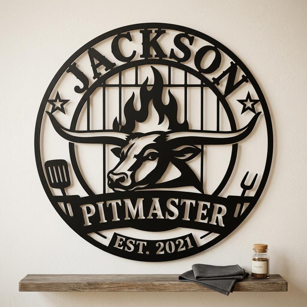 Clean hero image of the personalized BBQ metal sign on a light wall, showing circular bull and flame artwork, custom name, pitmaster title, EST year and matte black grill master sign design for YushasForge listing display.