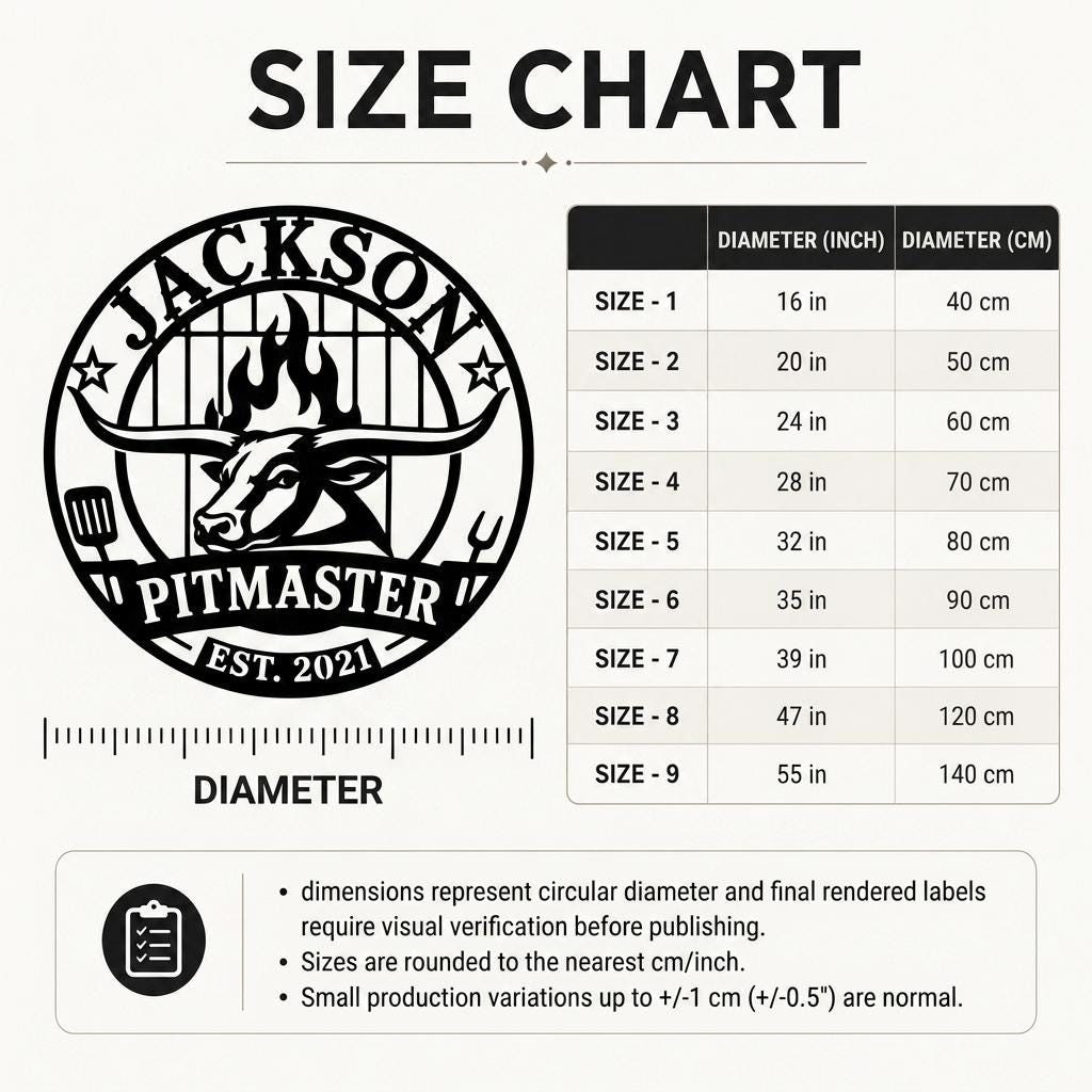 Size chart for the custom BBQ metal sign showing circular diameter options from 16 to 55 inches, with cm equivalents for choosing personalized pitmaster wall art or backyard grill decor with clear size guidance.