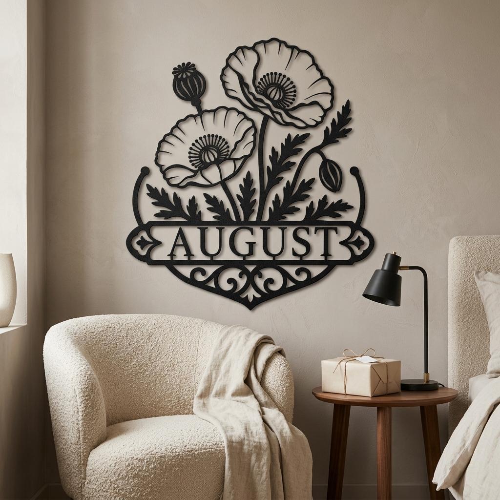 Personalized black poppy metal wall art with AUGUST sample name displayed in a warm birthday bedroom beside a wrapped gift.