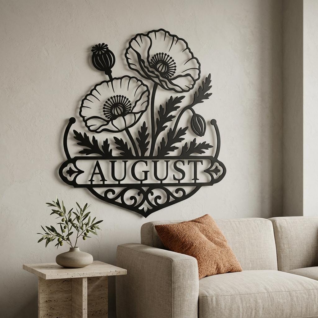 Large personalized poppy metal wall art shown to scale in a neutral living room with matte black botanical details.