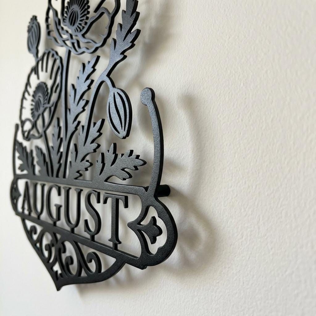 Side-angle detail of poppy metal wall art showing hidden mounting hardware, wall stand-off, and soft three-dimensional shadow.