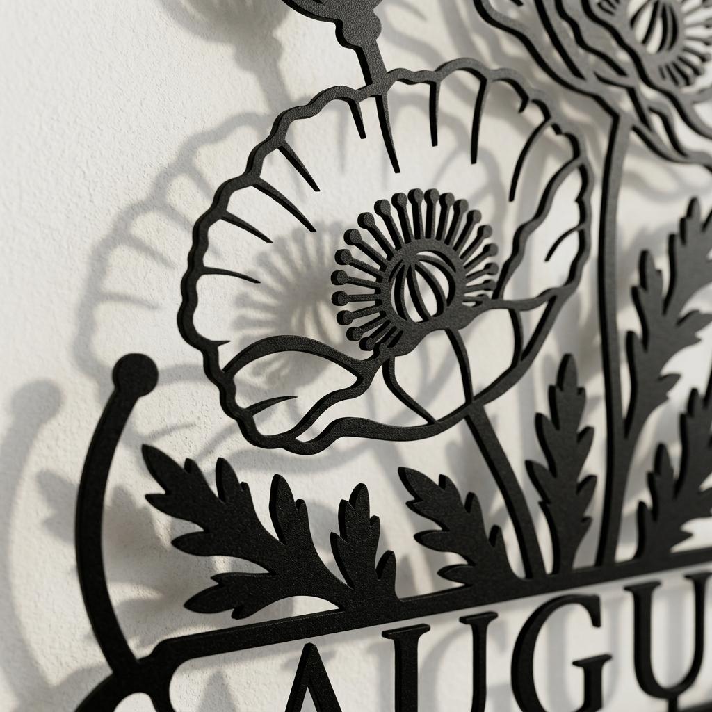 Close-up of precise laser-cut poppy petals, leaves, and nameplate edges on black metal wall decor.