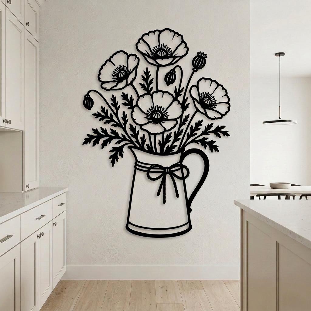 Modern farmhouse kitchen scene with vertical poppy bouquet metal art between warm wood and cream finishes.