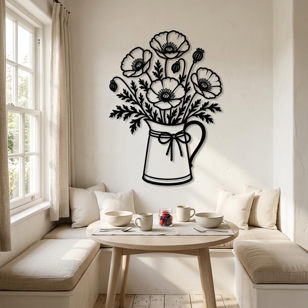 Vertical metal poppy pitcher displayed in a cottage breakfast nook to show wall scale and warm farmhouse styling.
