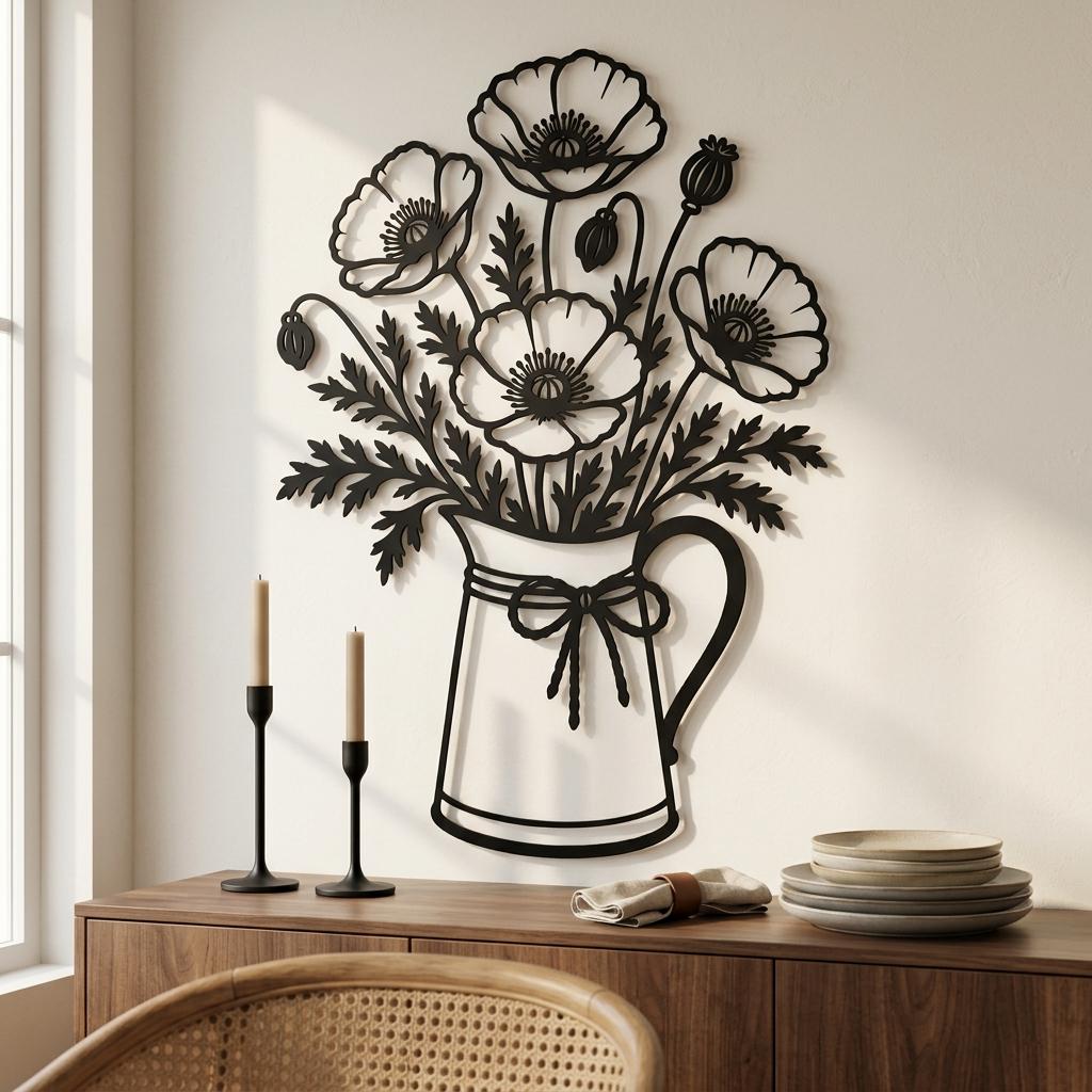 Black floral metal wall decor centered above a dining buffet with neutral ceramics and natural wood accents.