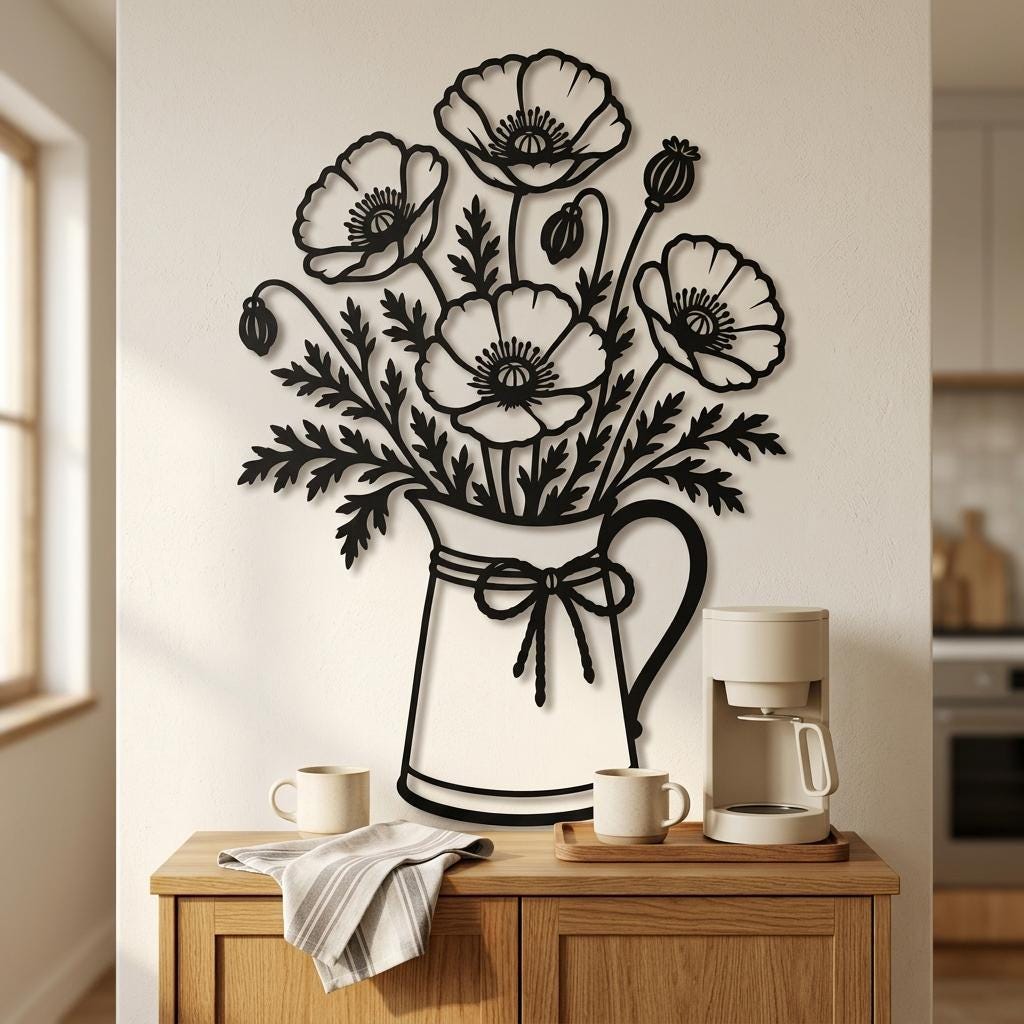 Vintage pitcher and poppy metal art styled beside a farmhouse coffee station in a bright cottage kitchen.