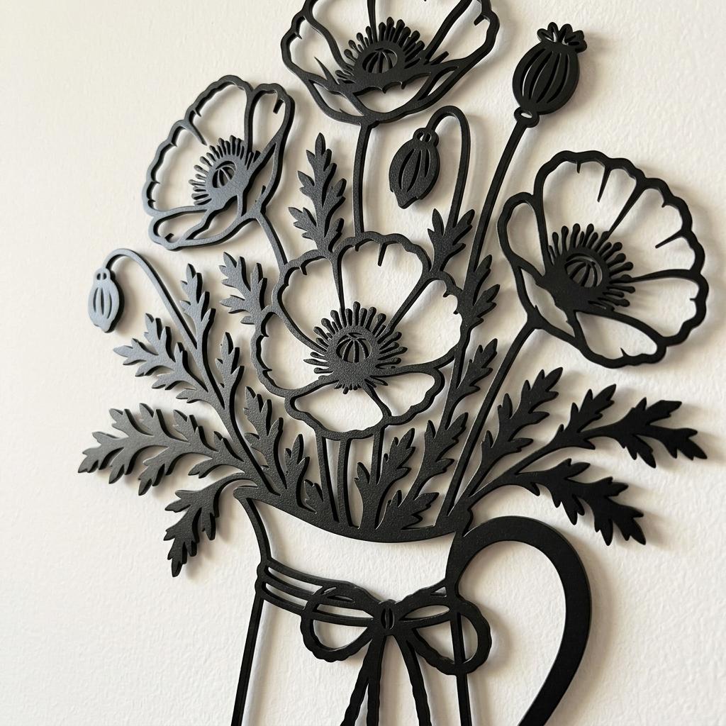 Close view of the fine-textured matte black powder-coated surface on the floral metal silhouette.