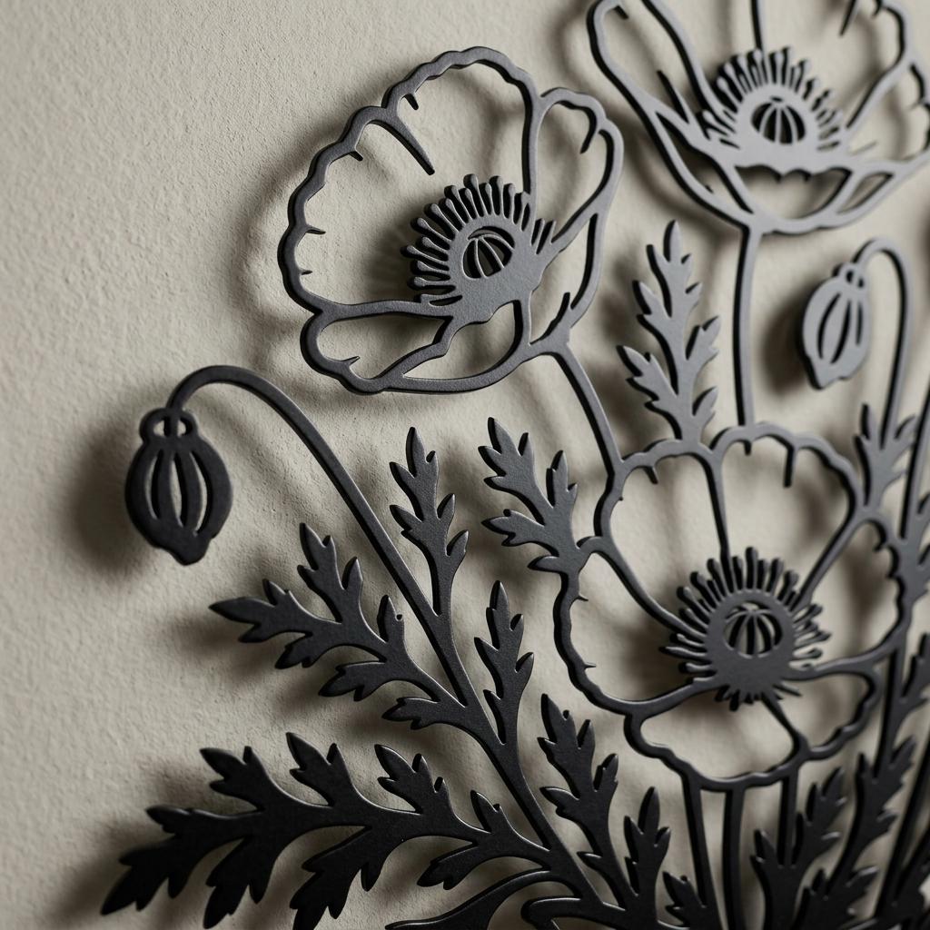 Detailed view of clean laser-cut poppy petals, seed pods, stems, and leaf edges.