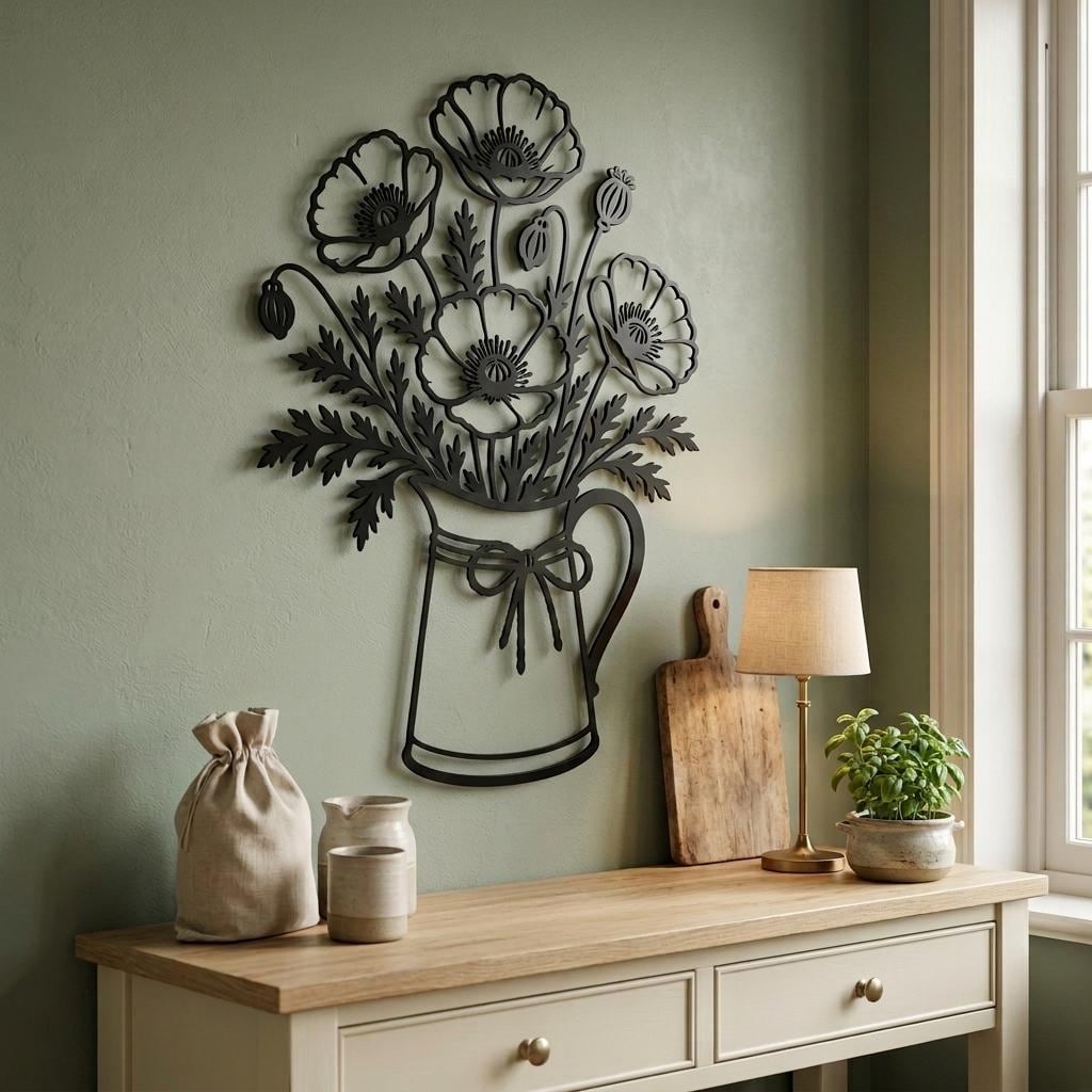Farmhouse metal art displayed on a muted sage wall with the black pitcher bouquet as the focal point.