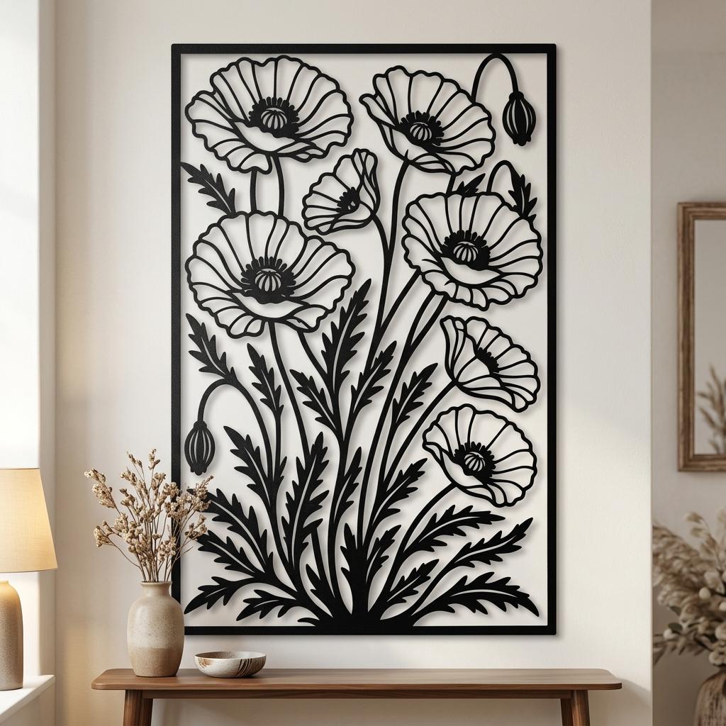 Black poppy flowers laser cut metal wall art above walnut console in elegant home entryway. Powder coated steel botanical silhouette with warm natural light and 2cm offset shadow. Indoor floral home decor.