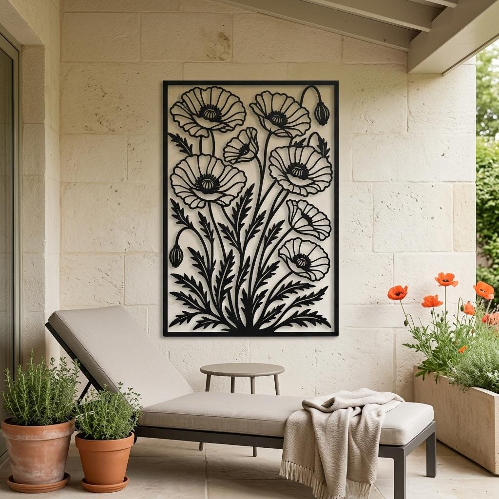 Vertical black poppy flowers metal wall art mounted on sheltered garden patio wall above lounge chair. Laser cut steel floral decor with 2cm wall offset shadow. Outdoor botanical art for garden patios.