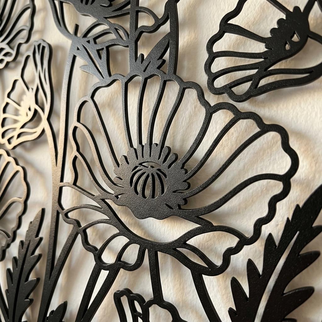 Macro closeup of black electrostatic powder coated poppy flowers metal wall art showing fine satin-matte micro-grain texture and crisp laser cut petal edges. Premium steel finish quality detail photo.