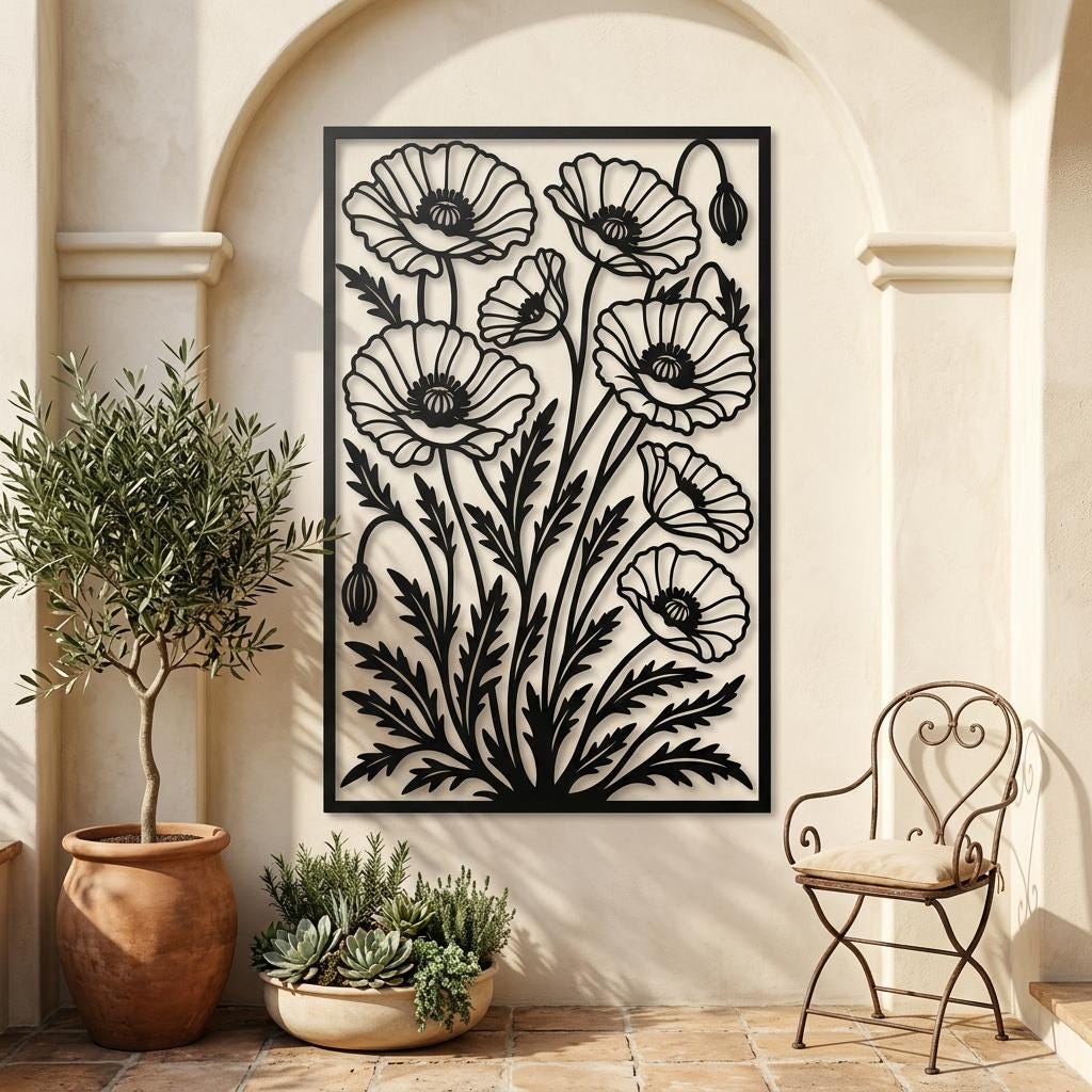 Black poppy flowers metal wall art on warm ivory limewash wall in a Mediterranean courtyard. Laser cut steel botanical silhouette with natural afternoon light. Elegant outdoor floral garden wall decor.
