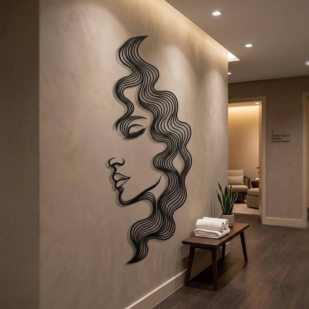 Calm spa and salon corridor decorated with a black metal woman face wall art. Elegant profile silhouette mounted on a clay-taupe plaster wall above a narrow bench and folded towels, creating a relaxing atmosphere for premium beauty clinics.