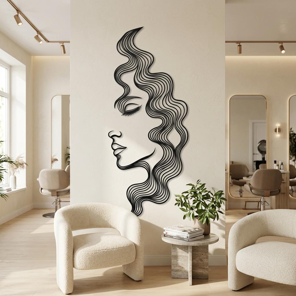 Wide view of a bright hair salon waiting area featuring a large black metal woman face wall art. Elegant profile line art mounted on a cream wall above boucle lounge chairs, showing the perfect scale for beauty studio and waiting room decor.