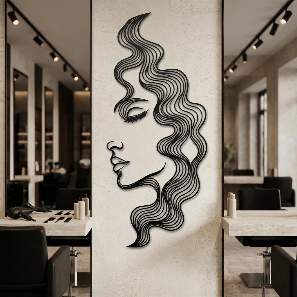 Stylish hair salon station featuring a black metal woman's face wall art mounted beside a tall mirror. Modern profile silhouette with flowing hair cutouts on a pale limestone wall, creating a sophisticated atmosphere for hairstylist spaces.